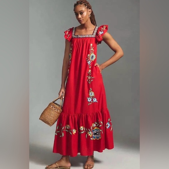 FARM Rio Dresses & Skirts - Farm Rio for Anthropologie Embroidered Square-Neck Dress